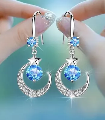 Silvery Moon And Stars Earring’s With White And Blue Sapphire Womens Gift • $17.05