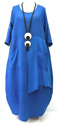 PLUS SIZE LA BASS BLUE LINEN 2 POCKETS LAYERING EXTRA LONG DRESS UK Size 26-28 • $123.09