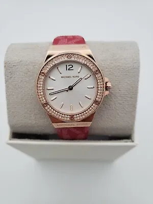 Michael Kors Lennox Womens Rose Gold Glitz White Dial Red MK Logo Watch MK7308 • $102.19