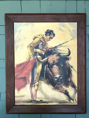 Large Vtg Bullfighting Painting Print In Fluted Wood Frame 29  X 23  Mid Century • $55