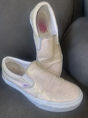 VANS Glitter Wedding Bride Classic Slip On Shoes White Ivory Sz 8 Women’s • $29.99