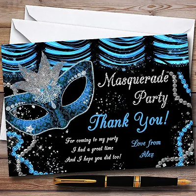 Blue & Black Mask Masquerade Ball Personalised Party Thank You Cards • £9.99