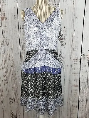 Shoshanna Womens Silk Floral Print V-Neck Ruffles Dress Navy Blue White Size 8 • $49