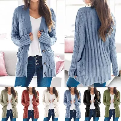 £8.39 • Buy Womens Ladies Chunky Cable Knit Cardigan Button Long Sleeves Grandad Plus Size