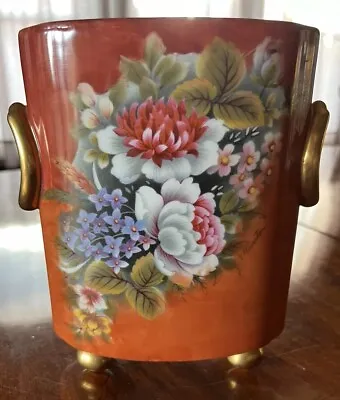 Antique Limoges Painted Peony Porcelain Vase With Gilded Handles & Ball Feet • $100