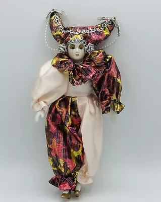 VINTAGE 12” Harlequin Mardi Gras Jester Clown Porcelain Doll Cute Very Pretty • $19.79