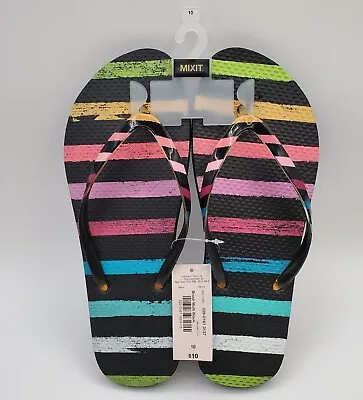 MIXIT Shoes Womens 10 Black Rubber Multi Colored Striped Thong Flip Flop JCP NEW • $9