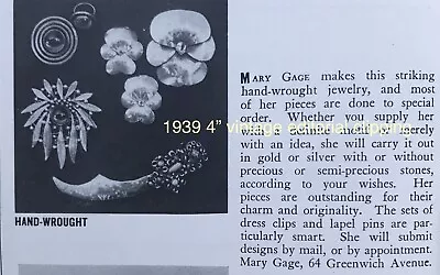 1939 Mary Gage Jewelry PRESS PROMO VTG 4” Amazing Iron Artisan Text CLIPPING • $3.79