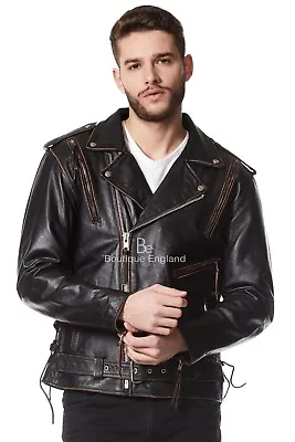 £103.78 • Buy Brando Mens Biker Leather Jacket Black Distressed | Real Hide Strong Leather MBF