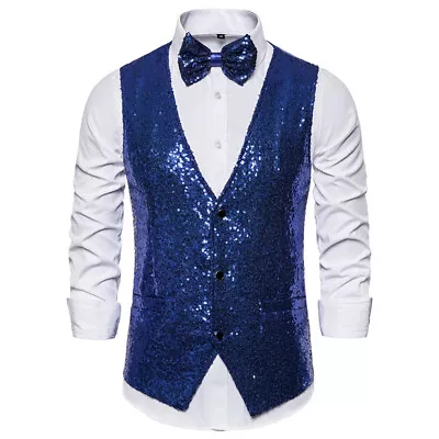 Mens Suit Button Party Dress Dance Waistcoat Business Glitter Sequin Vest • £14.55