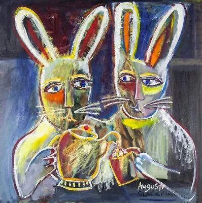 Auguste BLACKMAN Tea For Two - BIG Signed Oil Painting Whimsical Modern Rabbits • $2400