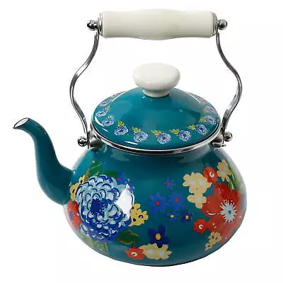 Dazzling Dahlias Enamel On Steel 2 Quart Tea Kettle Teal • $27.97