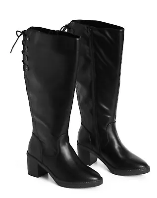 Ladies 9 EEE Evans Hadlee Black  Lace Detail Faux Leather Knee High Boots Zip Up • £60