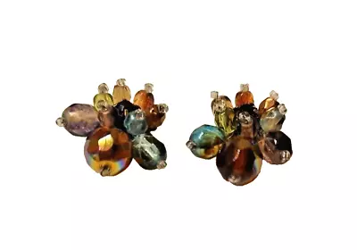 Vintage Multicolor Wired Glass Bead Pierced Cluster Earrings Estate Find • $6.99