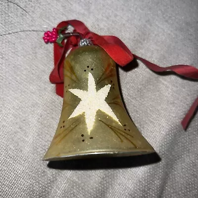 Vintage 4” Gold Glass Flocked Star Christmas Ornament Stenciled Bell Bows USA • $14.99