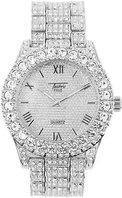 Men Iced Watch Bling Rapper Simulate Diamond Lab Stone Metal Band Silver Luxury • $29.98