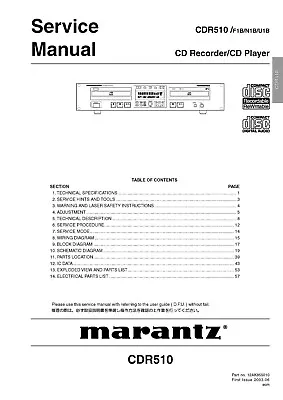Service Manual Instructions For Marantz Cdr 510 • $14.67