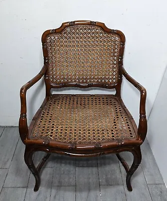 Vintage French Provincial Country Cane Faux Bamboo Wood Arm Chair Louis XV A • $450
