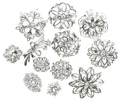Mix Pack Of 10 Silver Brooch Diamante Broach Vintage Shoe Cake Pin Bridal New Uk • £5.99
