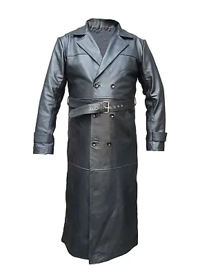 Real Black Cow Leather Trench Coat Full Length Double Breast Jacket For Mens • $174.99