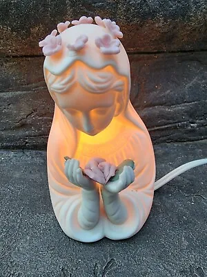 Vintage Virgin Prayin  Mother Mary Night Light Madonna Porc Pink Rose Crown 5.75 • $21