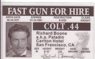 Richard Boone - HAVE GUN WILL TRAVEL Western Actor Plastic Drivers License • $6.93