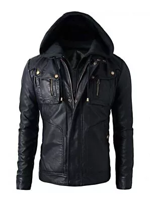 Men's Brando Style Real Leather Hoodie Biker Motorcycle Jacket • $39.99