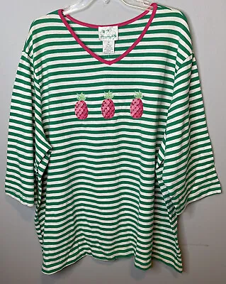 Quacker Factory Pineapple Shirt 3X Women’s New Green Striped XXXL V Neck QVC • $19.03