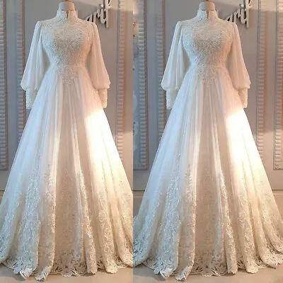 Muslim Wedding Dresses Long Sleeves High Neck Beaded Lace Appliques Bridal Gown • $137.99