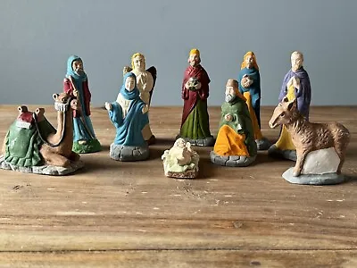 Vintage HANDMADE CRAFT Nativity Set Manger Creche 10 Chalkware Figures Christmas • $35