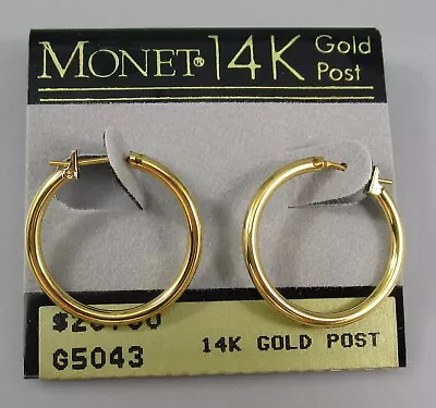 NOS Vintage 90s MONET Gold Tone Hoop Hinged 14k Gold Post Earrings 75A • $10.50