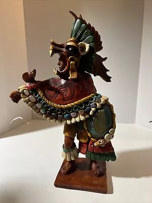 TEOTIHUACAN AZTEC WARRIOR Statue W/ Obsidian Stones 16  Mexican Folk Art • $49.99