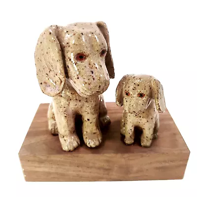 Dachshund Dogs Figurine Sculpture Stoneware Clay On Wood Mama & Baby Signed MW • $12.99