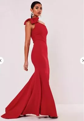 Red Missguided Bridesmaid Fishtail Dress One Shoulder Bow Evening Size 10 BNWT • £40