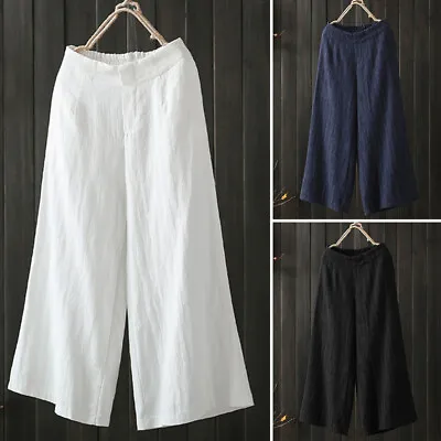 ZANZEA Womens Cotton Linen Plain Pants Elastic Waist Wide Leg Cropped Trousers • $33.33