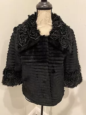 Diana Rosh New York Black Rabbit And Rossette Fur Coat Size Medium • $575