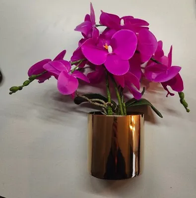 Artificial Orchid Flower With Vase Purple Flower And Gold Round Vase 14  Tall • £28.95