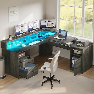 Lift Top L Shaped Desk With Power Outlets & LED Lights 60  Corner Computer Desk • $249.98