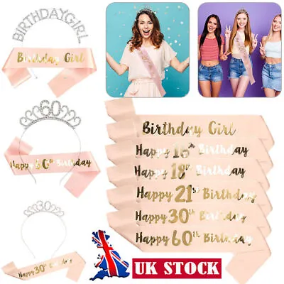 Happy Birthday Sash Tiara Set 16/18/21st/30/50/60th Crown Rose Gold Party UK • £3.79