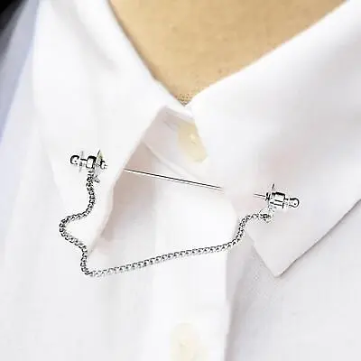 Classic Mens Shirt Collar Bar Pin With Link Chain Necktie Tie Clips 7cm Silver • £6.12