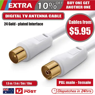 $5.95 • Buy TV Antenna Extension Cable PAL Male To Female Aerial Flylead Cord 1.5m 3m 5m 10m
