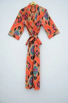 $36.29 • Buy Indian Orange IKAT Floral Print Kimono Cotton Bath Robes Maxi Night Gown Kimonos