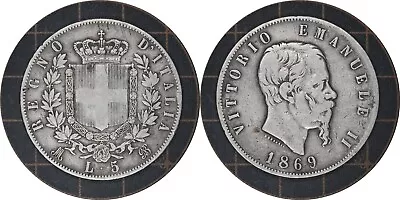 5 Lire 1869 Italy Silver Coin # 8 • $21.61