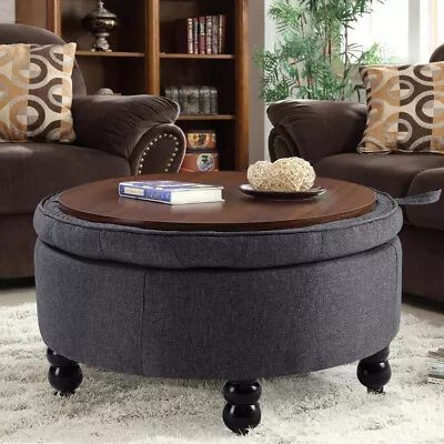 Round Coffee End Table With Black Gourd Legs Chesterfield Fabric Ottoman Storage • £105.95