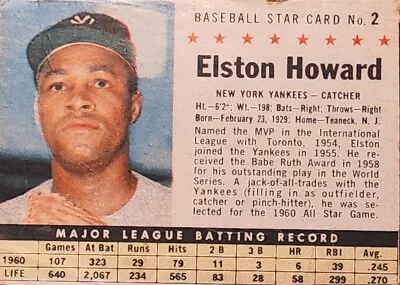 1961 Post Baseball Star Card ~ No. 2 ~ Elston Howard ~ NY Yankees. #-4444 • $3