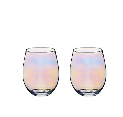 BarCraft Set Of Two Rainbow Ridescent Glass Tumblers 600 Ml Drink Glasses • £16.49