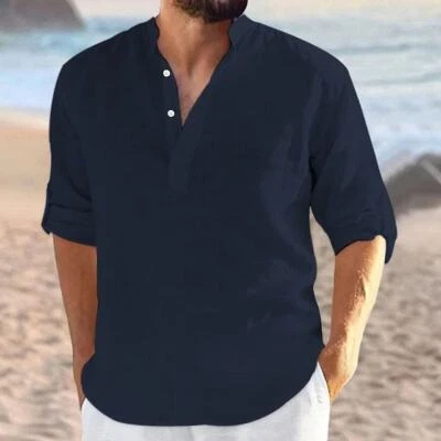 $18.79 • Buy Men Casual V-Neck Linen Solid Loose Shirts Summer Beach Shirt Blouse Top T-Shirt