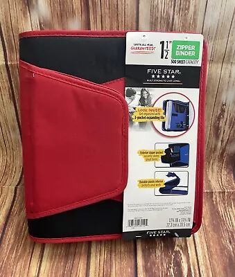 Five Star Red 1-1/2 Inch Zipper Binder 3 Ring Binder 3-Pocket Expanding File. • $16.89