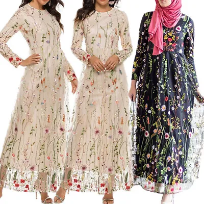 Elegant Lace Embroidery Dress Women Muslim Abaya Dubai Kaftan Party Gown Evening • £36.56