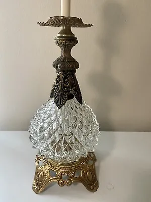 Vintage Hollywood Regency Diamond Pattern Intricate Brass Table Boudoir Lamp • $94.99
